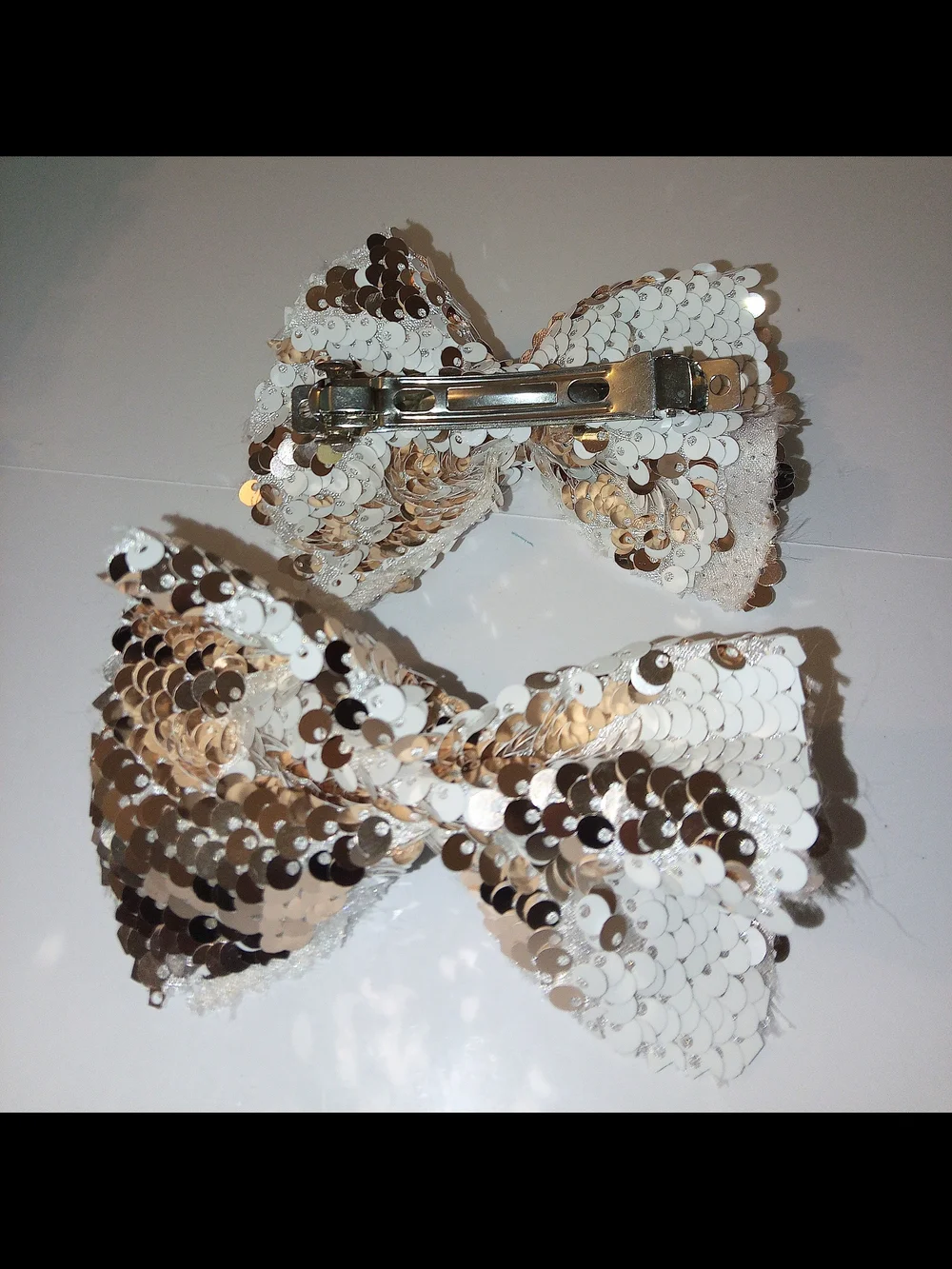 Sequin Bow Hair Clips in White and Gold - Women Accessories